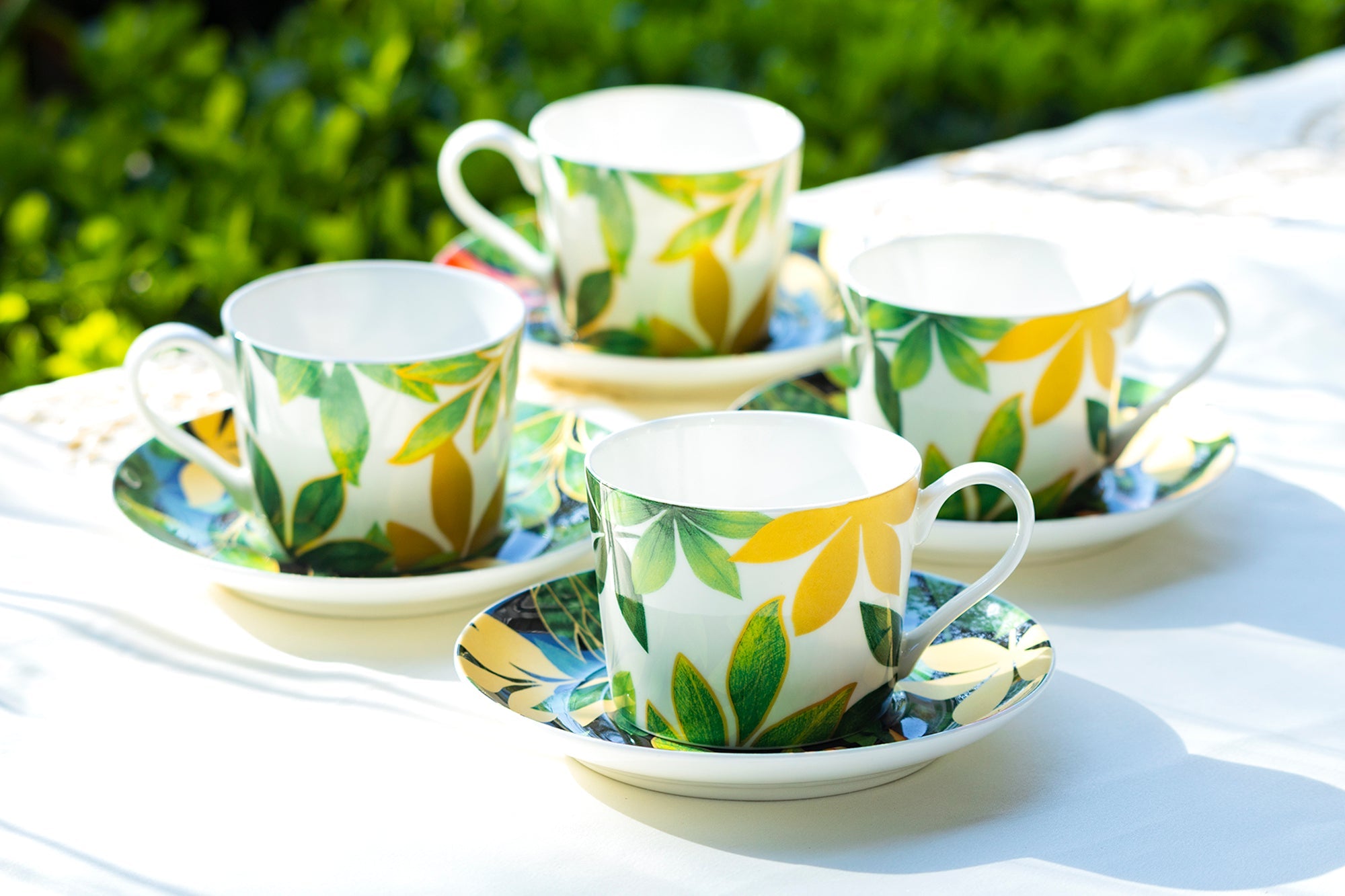 Green Gold Leaves Bone China Cup and Saucer