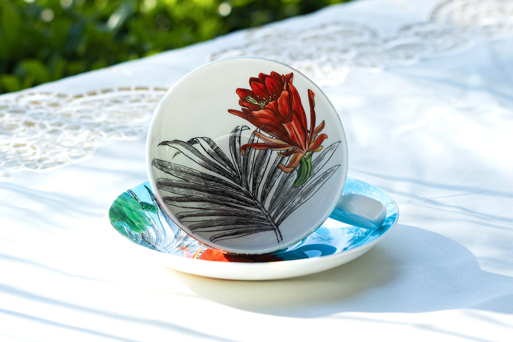 Cactus Flower and Palm Leaf Bone China Tea Cup and Saucer