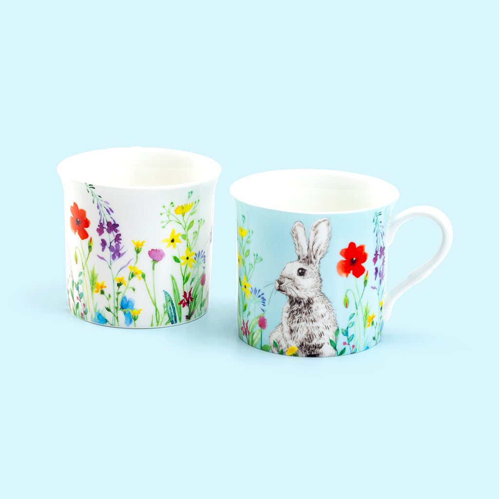 Blue & White Flower Bunny Bone China Assorted Mugs