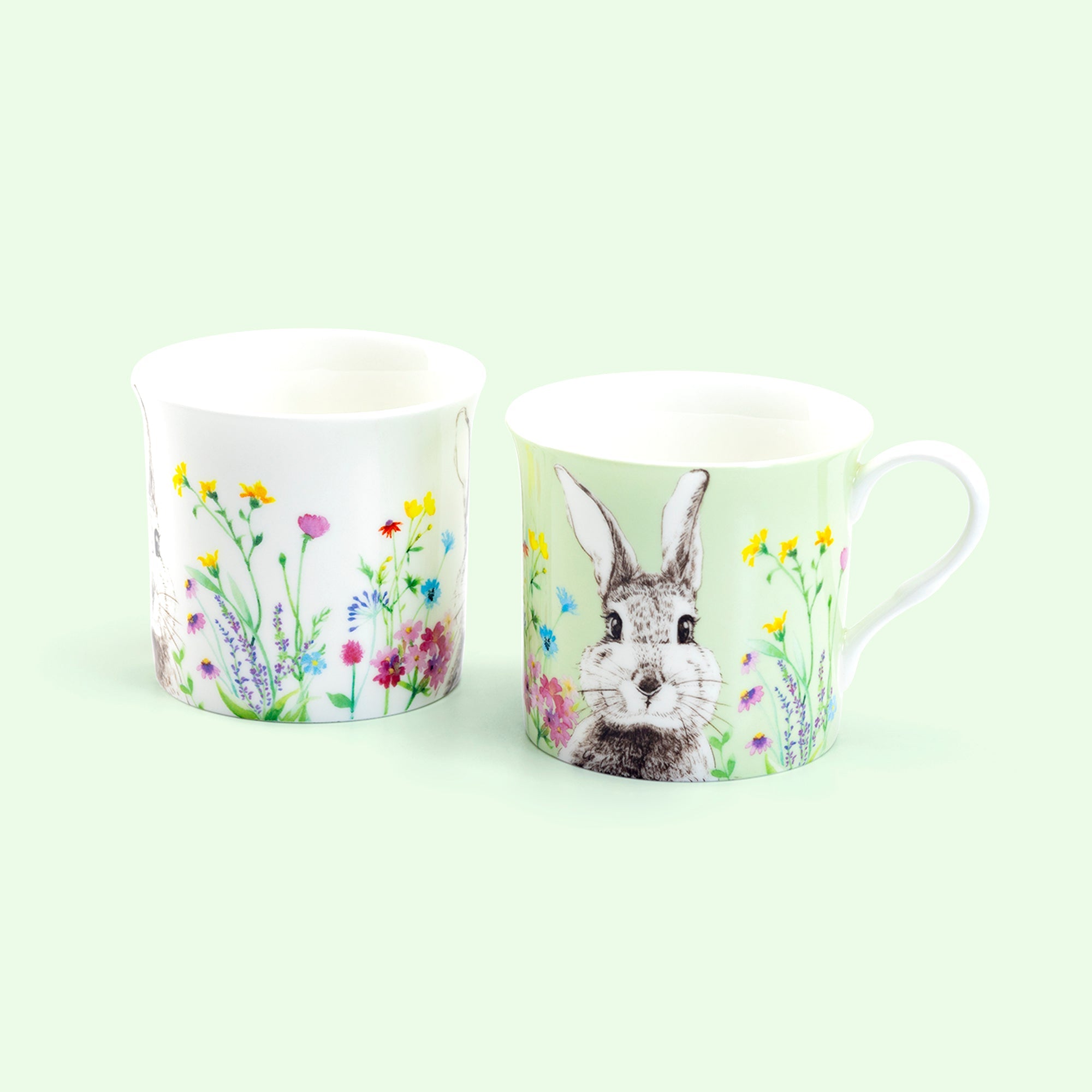 Green & White Flower Bunny Bone China Assorted Mugs