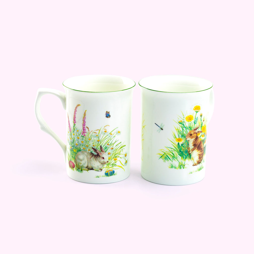 Flower Brown Bunny & Flower White Bunny Bone China Assorted Mugs