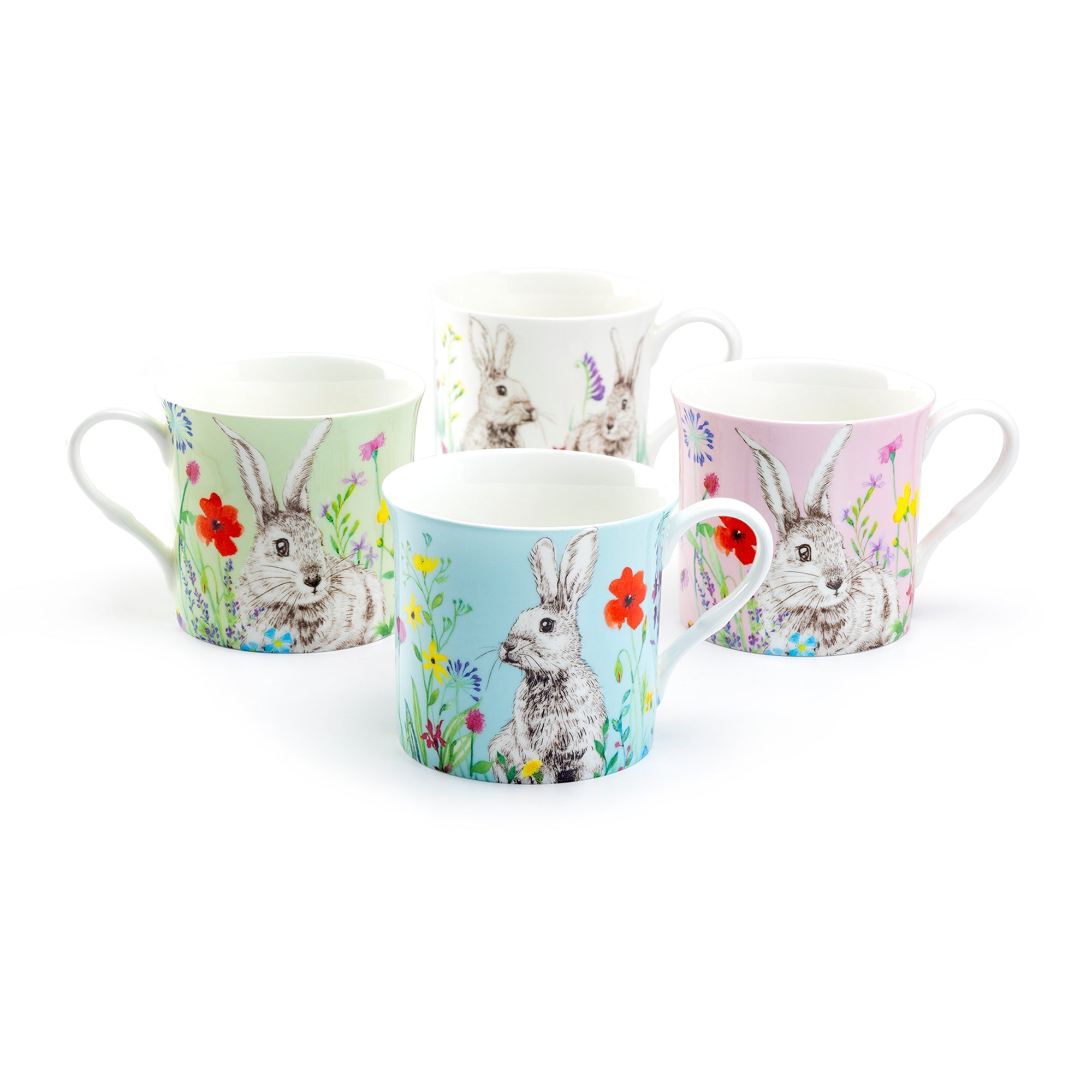 Flower Bunny Bone China 4-Color Assorted Mugs