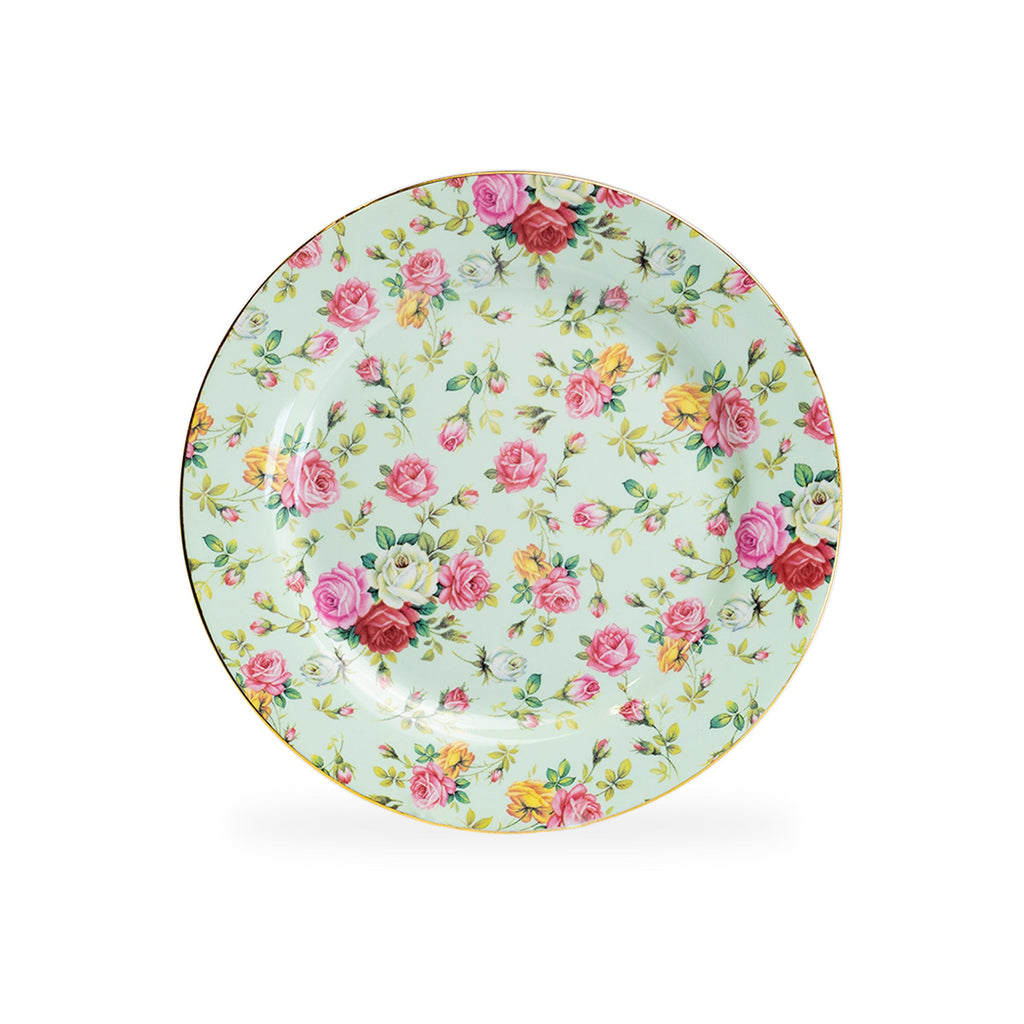 8" Assorted Rose Chintz Fine Porcelain Dessert Plate with Gold Rim Set of 4