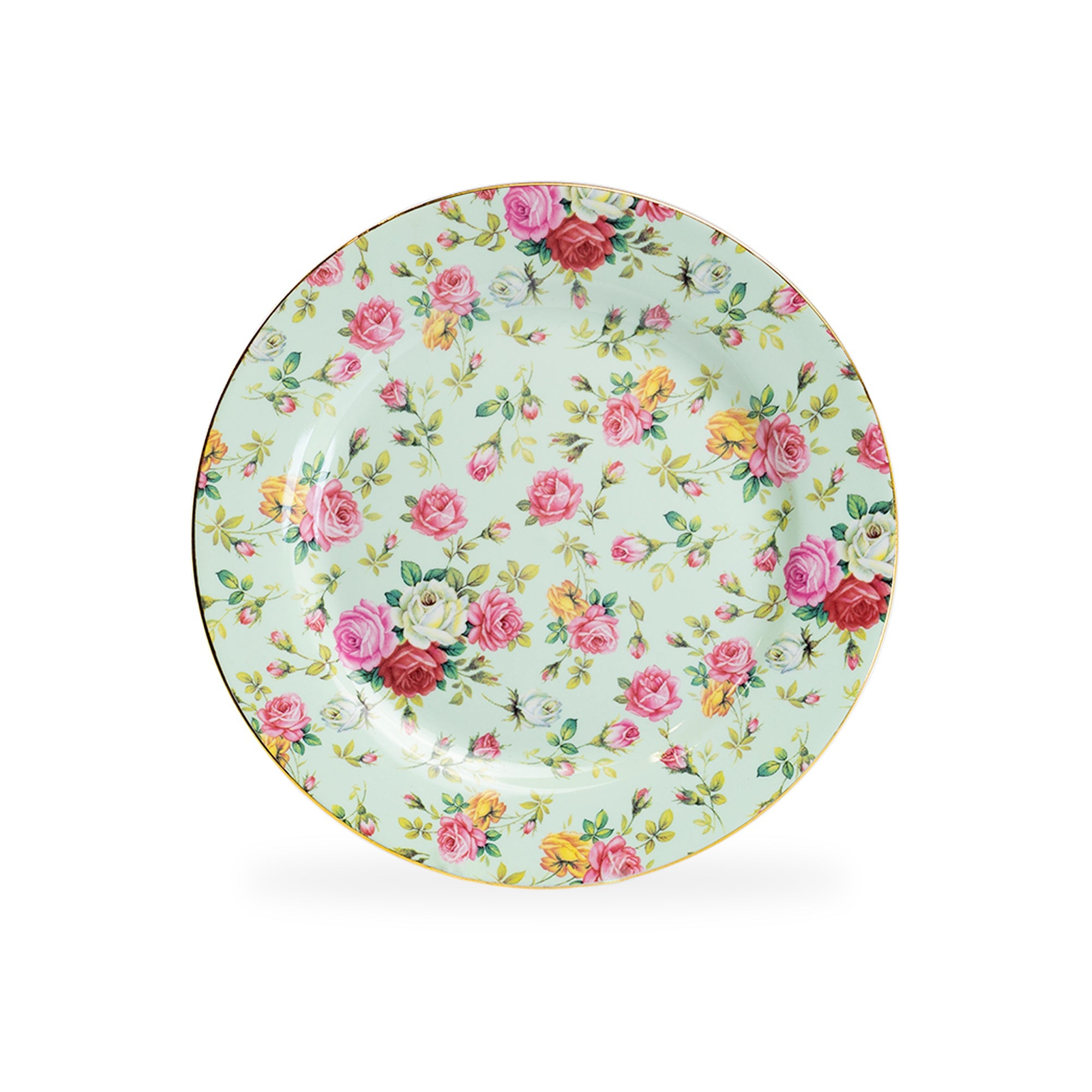 8" Assorted Rose Chintz Fine Porcelain Dessert Plate with Gold Rim Set of 4