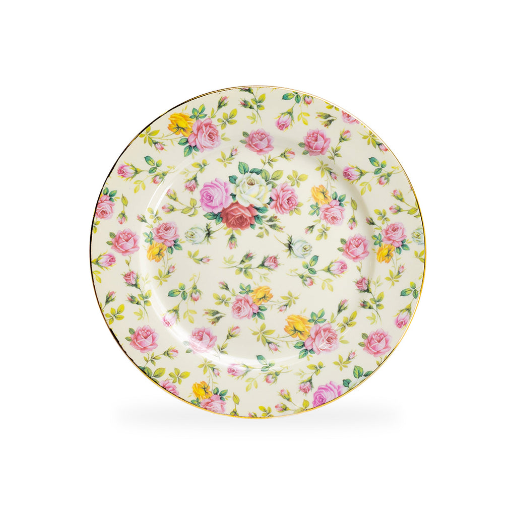 8" Assorted Rose Chintz Fine Porcelain Dessert Plate with Gold Rim Set of 4