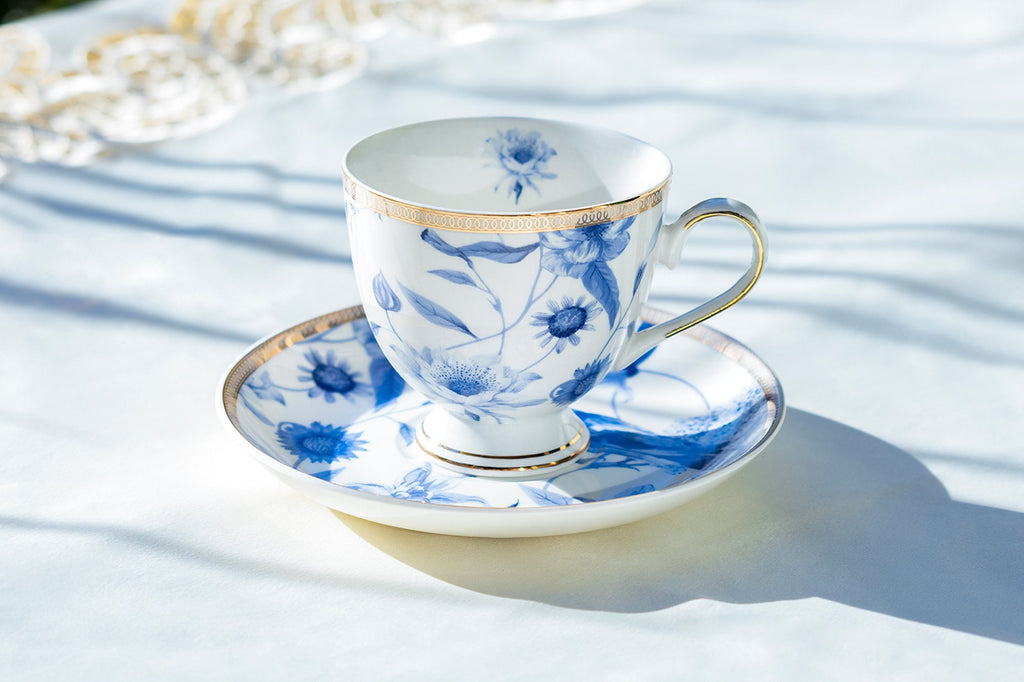 Blue Spring Flowers with Hummingbird Fine Porcelain Tea Cup and Saucer