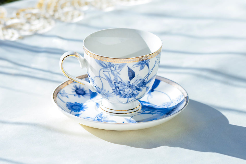 Blue Spring Flowers with Hummingbird Fine Porcelain Tea Cup and Saucer