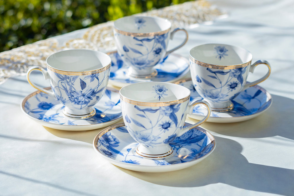 Blue Spring Flowers with Hummingbird Fine Porcelain Tea Cup and Saucer