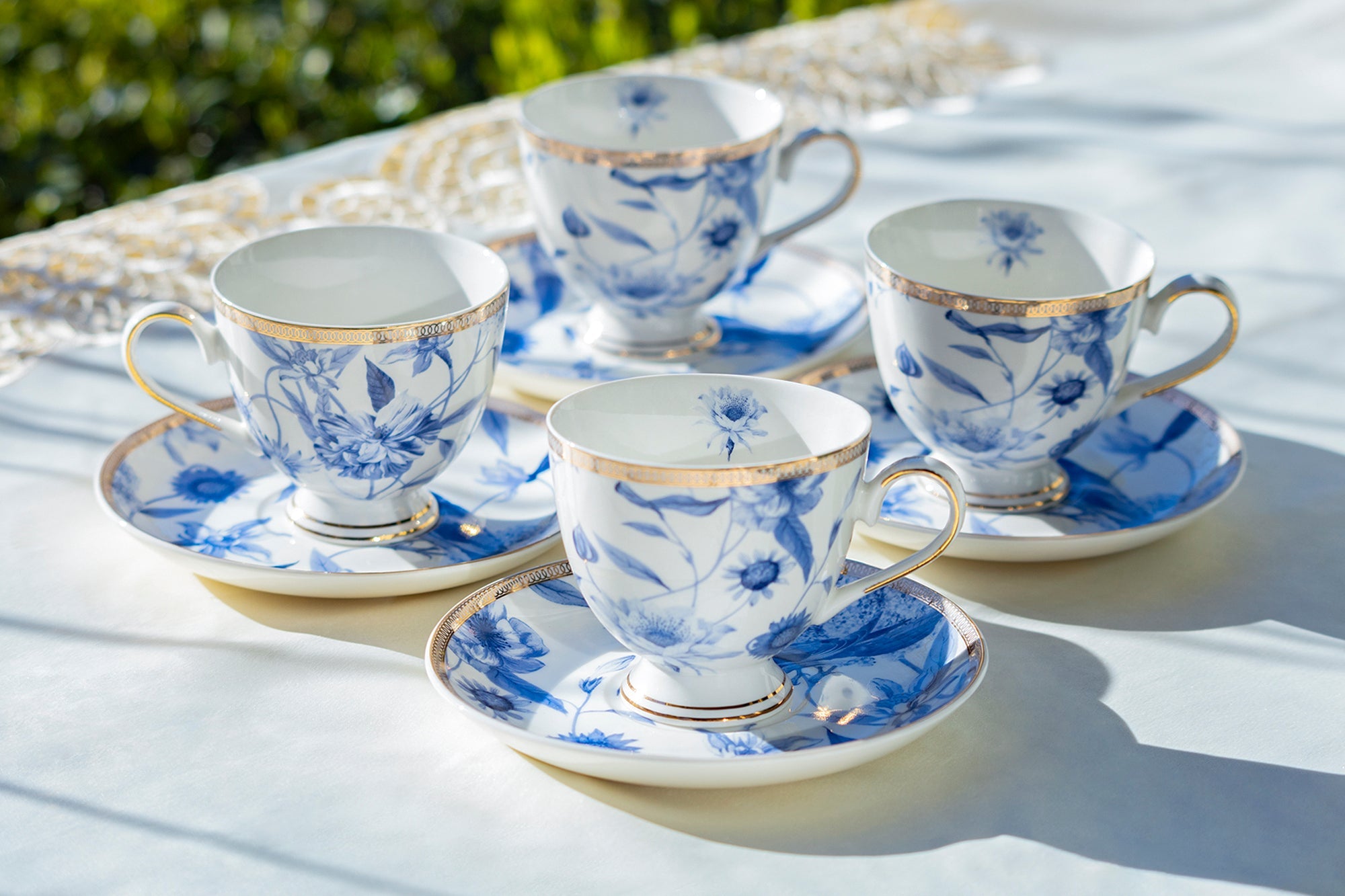 Blue Spring Flowers with Hummingbird Fine Porcelain Tea Cup and Saucer
