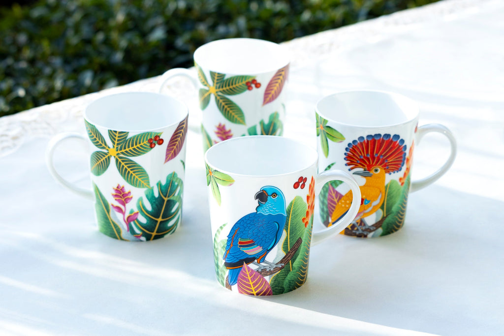 Tropical Birds Assorted Bone China Mug Set of 4