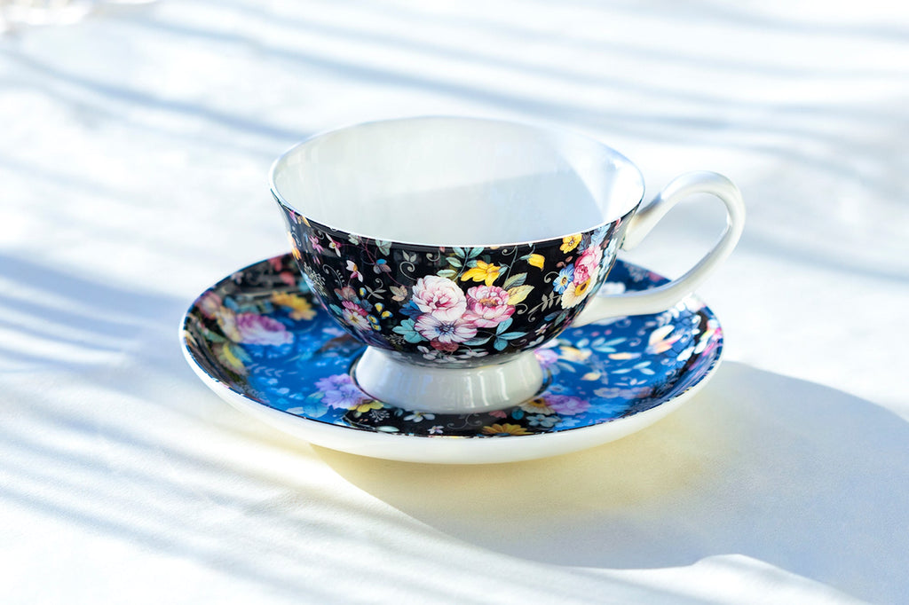 Victorian Petite Rose Black Bone China Cup and Saucer