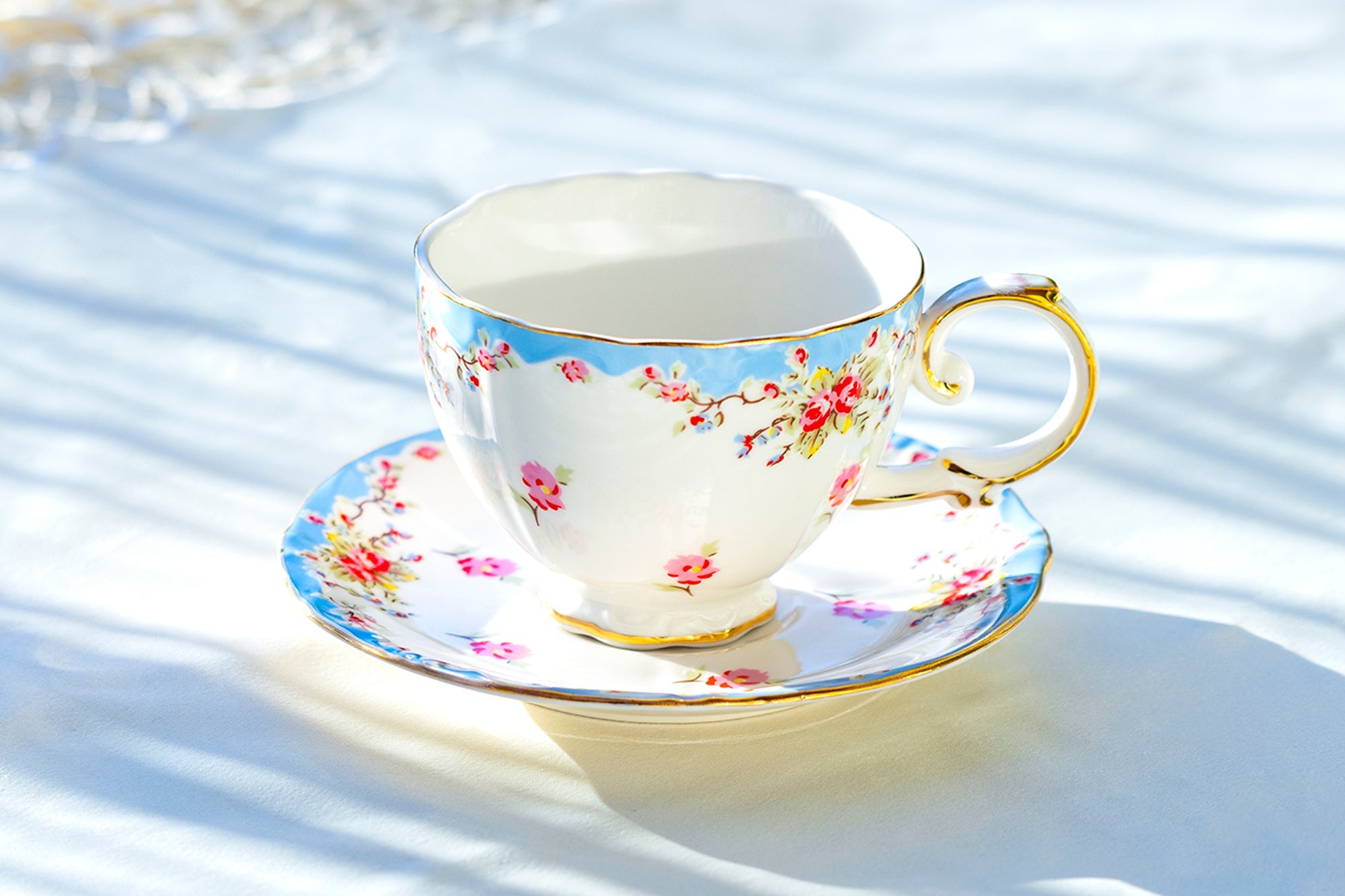 Rose with Blue Accent Fine Porcelain Tea Cup and Saucer