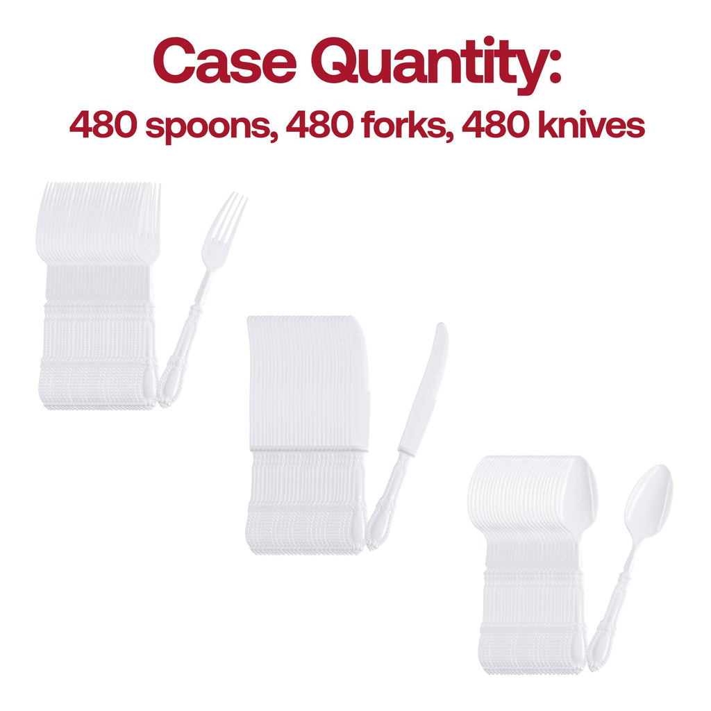 White Baroque Disposable Plastic Cutlery Set - 20 Spoons, 20 Forks and 20 Knives