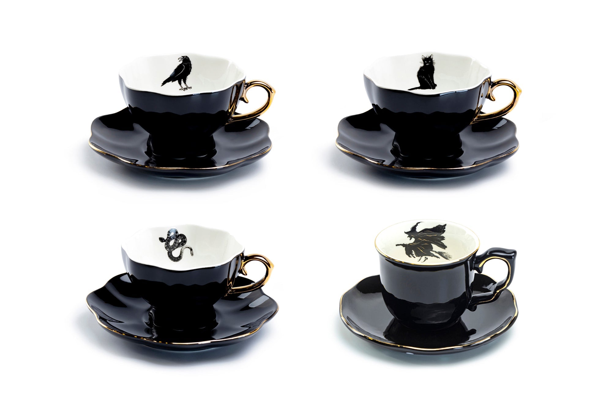 4 Assorted Halloween Tea Cup and Saucer Sets - Raven, Cat, Snake, Witch
