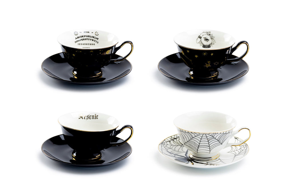 4 Assorted Halloween Tea Cup and Saucer Sets - Ouija, Crystal Ball, Skull, Spider
