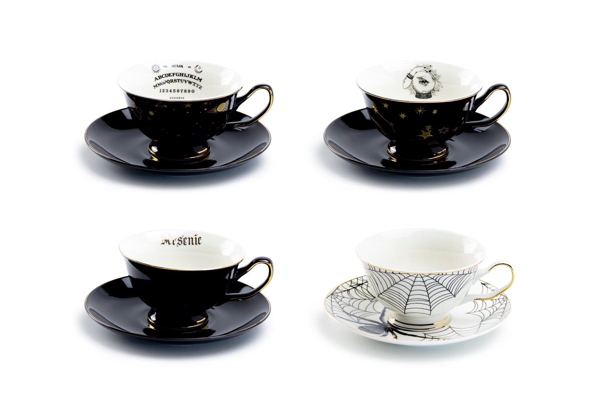 4 Assorted Halloween Tea Cup and Saucer Sets - Ouija, Crystal Ball, Skull, Spider