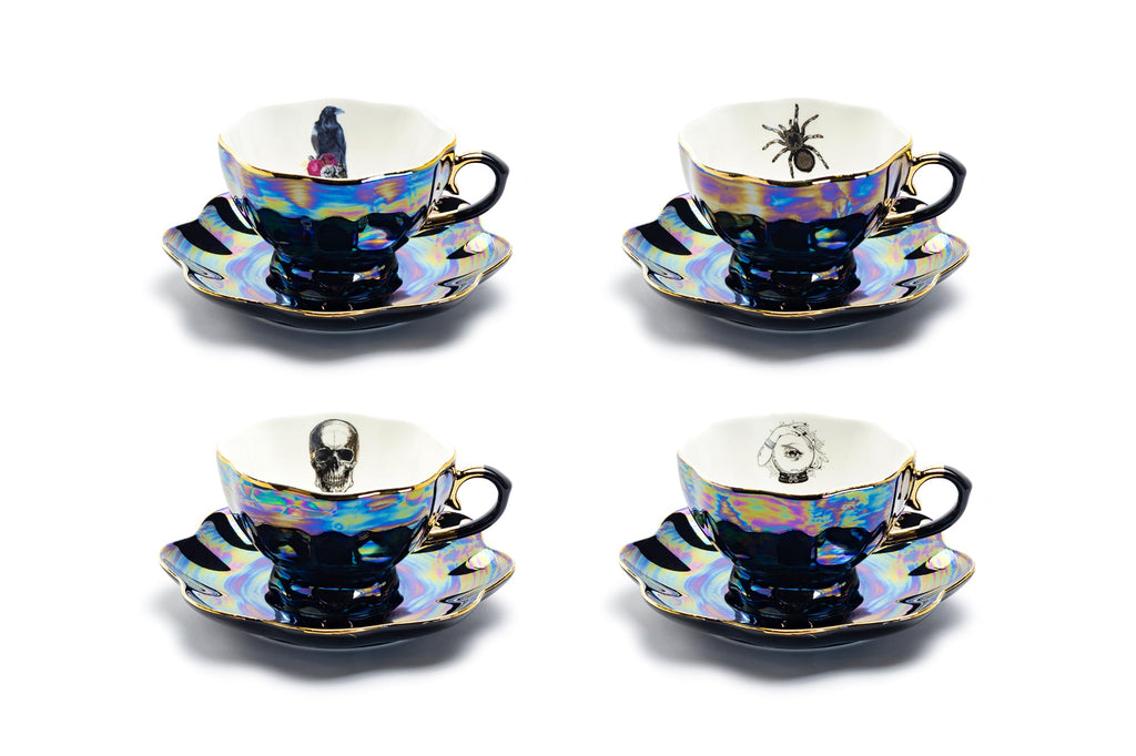4 Assorted Halloween Black Gold Luster Tea Cup and Saucer Sets - Crow, Spider, Skull, Witchy Crystal Ball