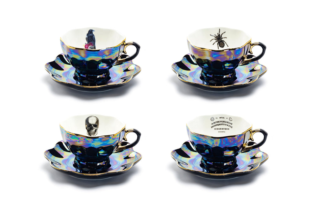 4 Assorted Halloween Black Gold Luster Tea Cup and Saucer Sets - Crow, Spider, Skull, Ouija Board