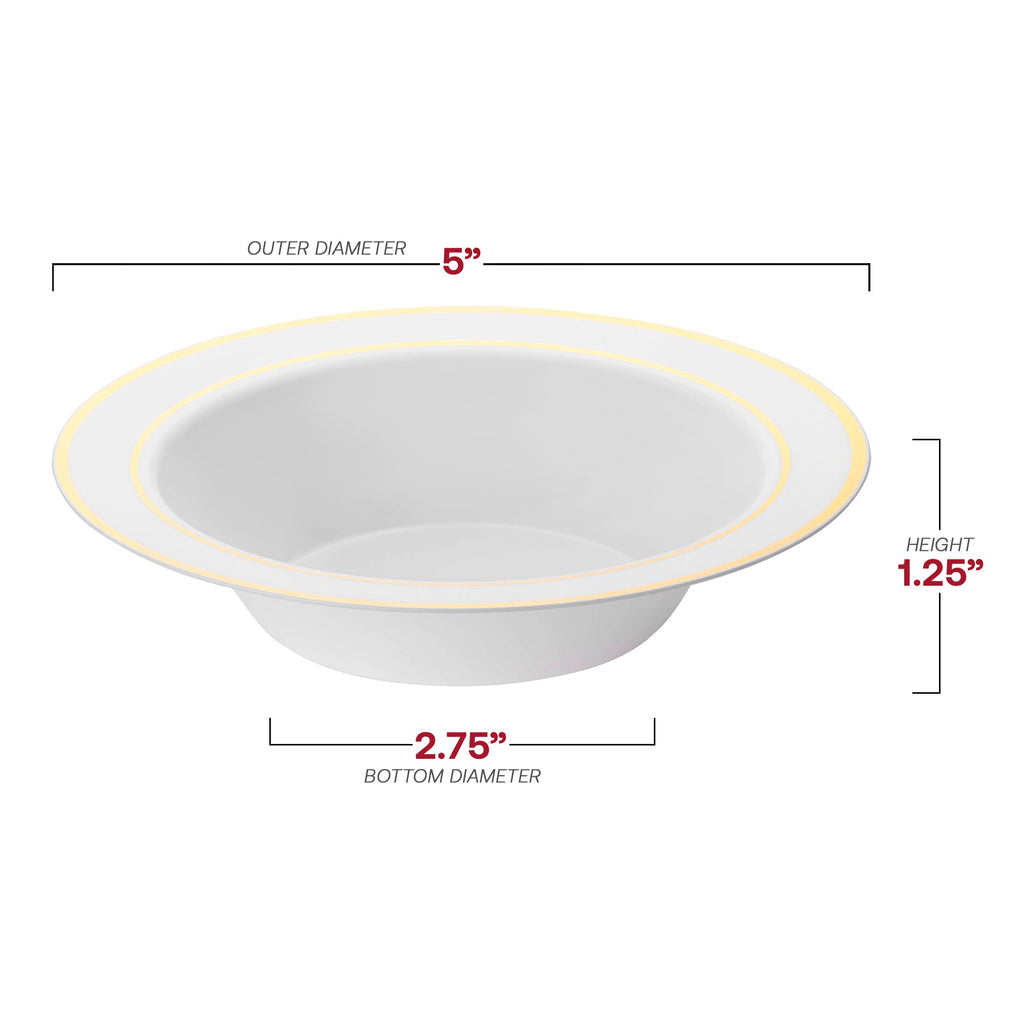 White with Gold Edge Rim Round Disposable Plastic Dessert Bowls (5 oz.)