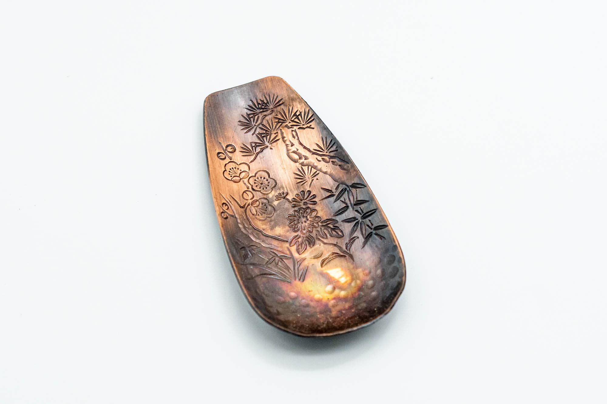 Japanese Chataku - Set of 5 Hammered Copper Uniquely Engraved Tea Saucers with Chasaji Tea Scoop in Wooden Box