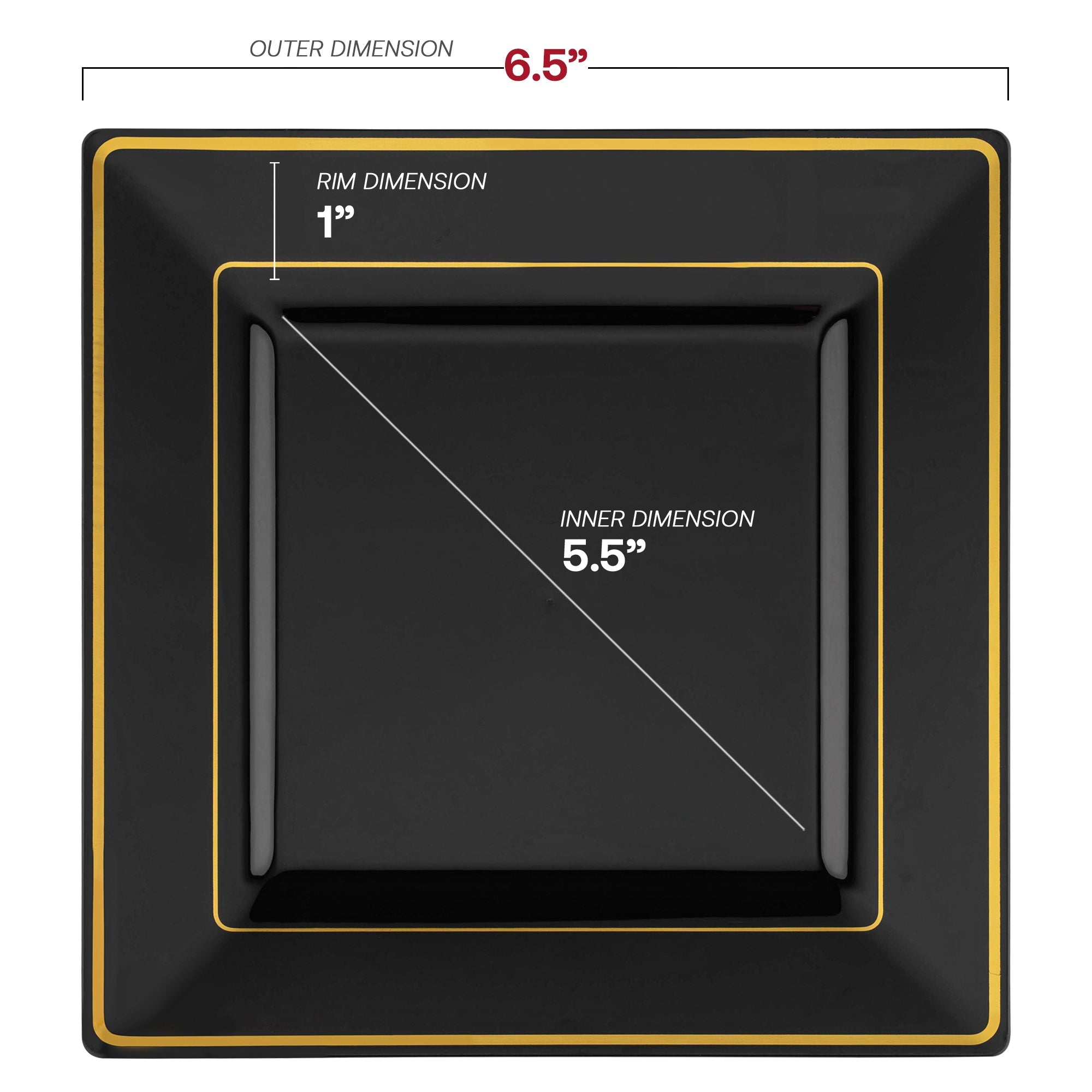 Black with Gold Square Edge Rim Plastic Appetizer/Salad Plates (6.5")