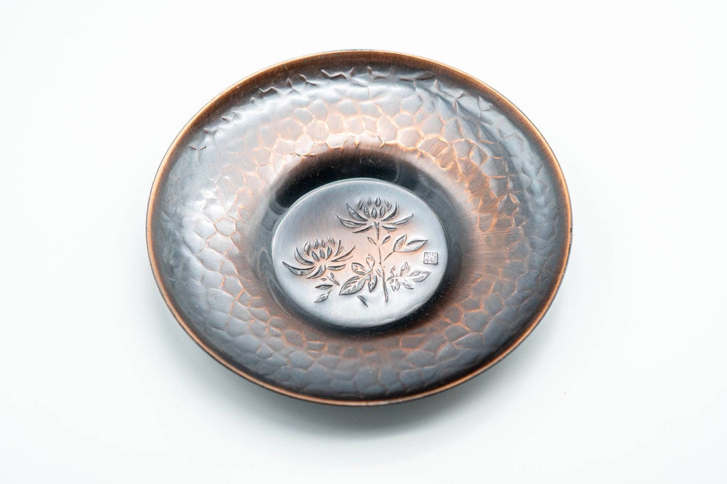 Japanese Chataku - Set of 5 Hammered Copper Uniquely Engraved Tea Saucers with 3 Chasaji Tea Scoops in Wooden Box
