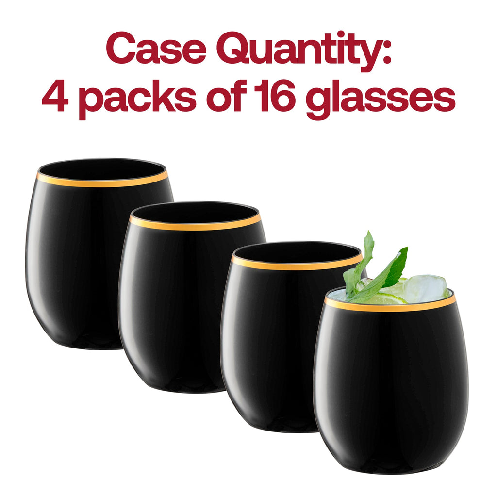 Black with Gold Elegant Stemless Plastic Wine Glasses (12 oz. )