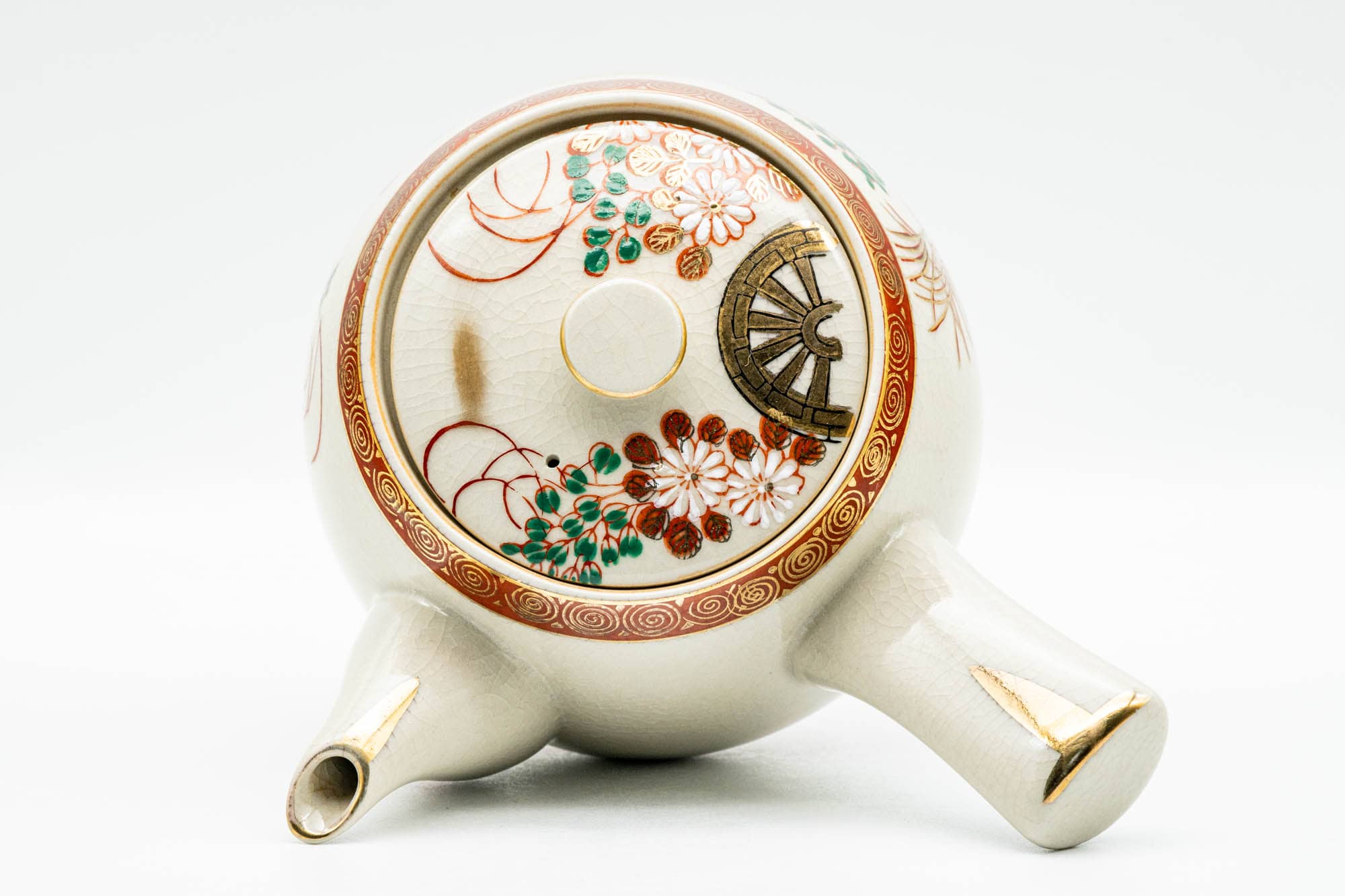 Japanese Kyusu - Red Gold White Chrysanthemums Kutani-yaki Debeso Teapot - 550ml