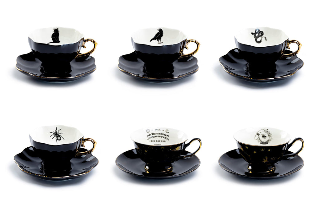 Black Gold Scallop Teapot + 6 Assorted Halloween Tea Cup and Saucer Sets - Ver. B