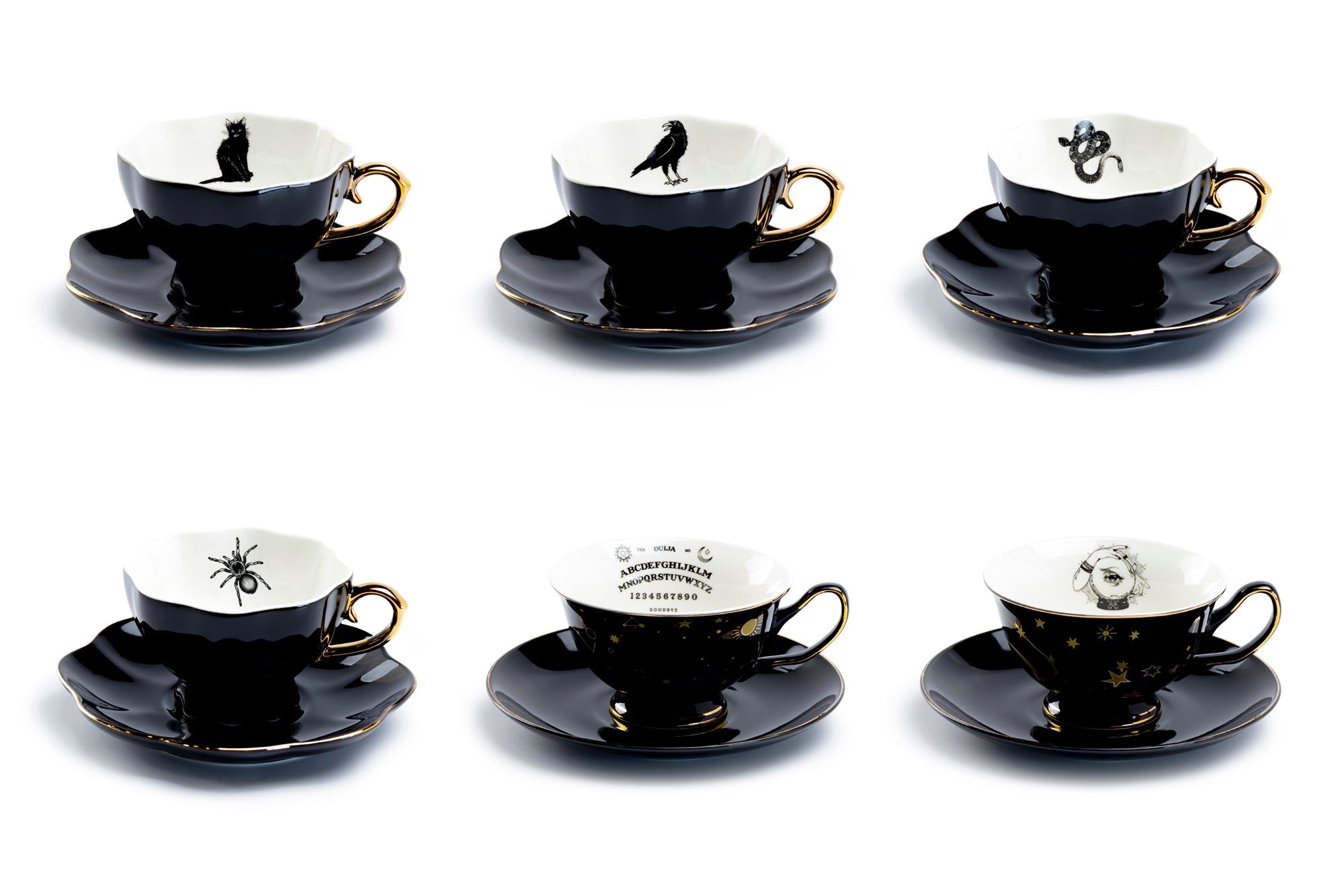 Witches Brew Pitcher + 6 Assorted Halloween Tea Cup and Saucer Sets - Ver. B