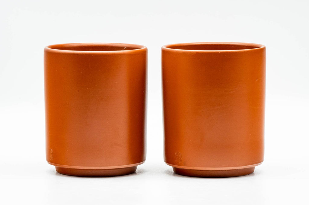 Japanese Teacups - Pair of Engraved Red Shudei Tokoname-yaki Yunomi - 150ml