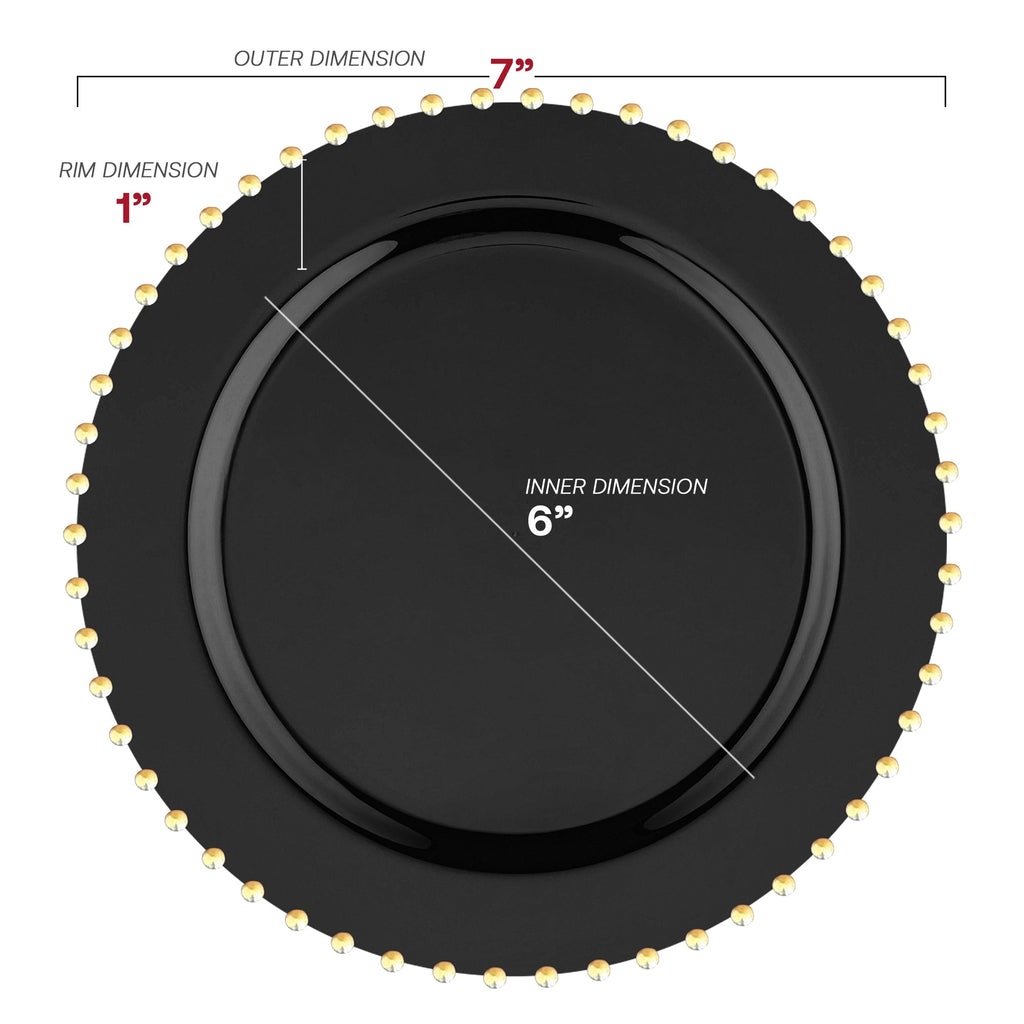 Black with Gold Pearl String Round Disposable Plastic Salad Plates (7”)