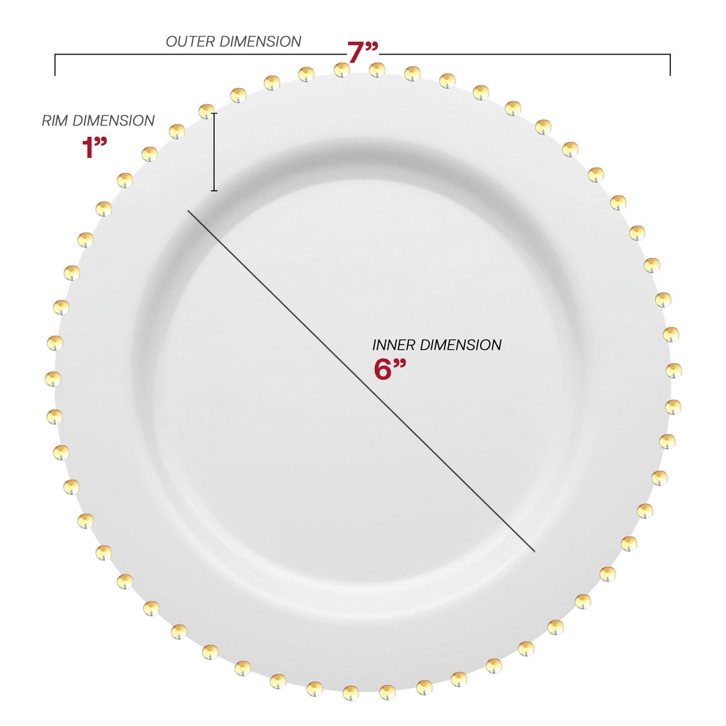 White with Gold Pearl String Round Disposable Plastic Salad Plates (7”)