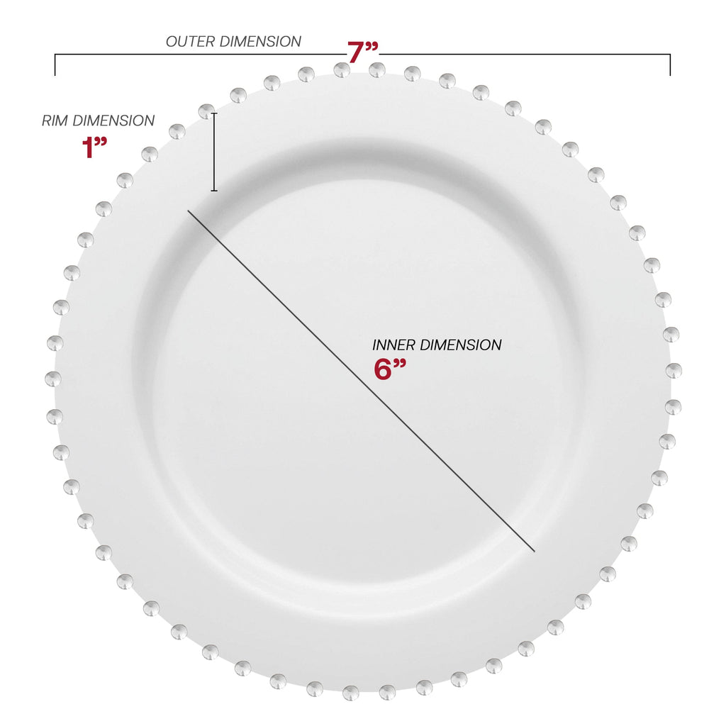 White with Silver Pearl String Round Disposable Plastic Salad Plates (7”)