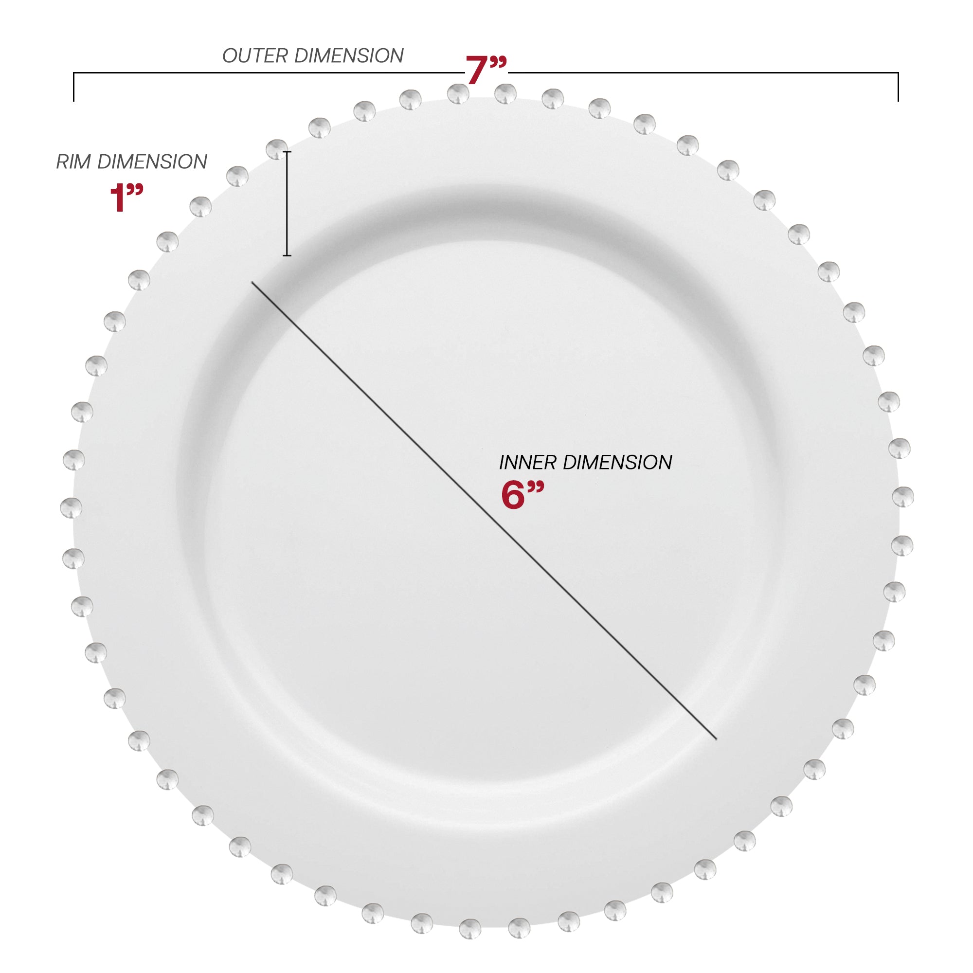 White with Silver Pearl String Round Disposable Plastic Salad Plates (7”)