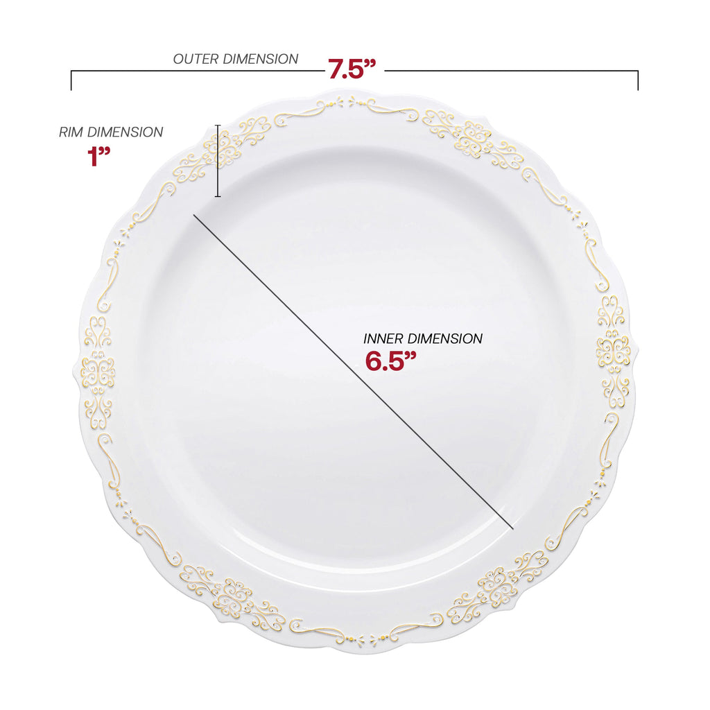 White with Gold Vintage Rim Round Disposable Plastic Dinnerware Value Set