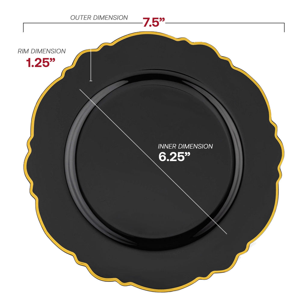 Black with Gold Rim Round Blossom Disposable Plastic Appetizer/Salad Plates (7.5")
