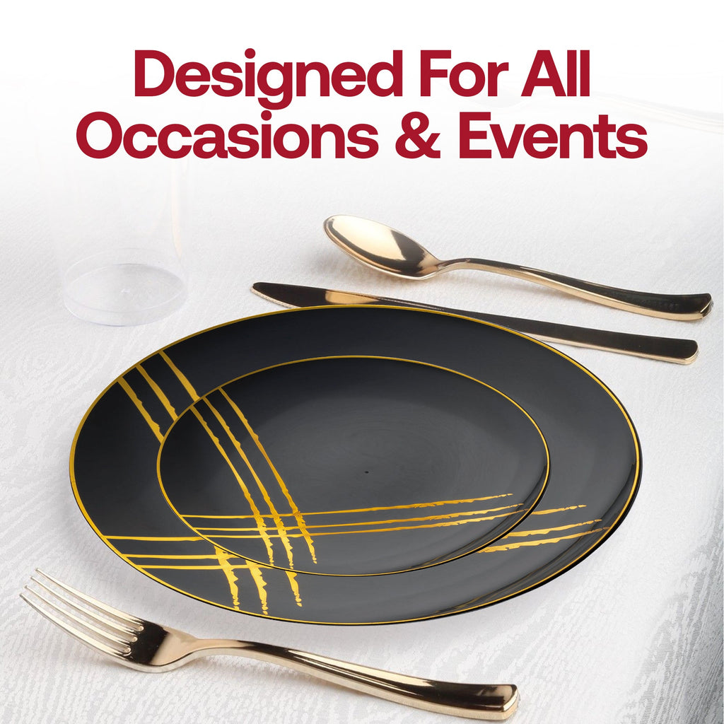Black with Gold Brushstroke Round Disposable Plastic Appetizer/Salad Plates (7.5")
