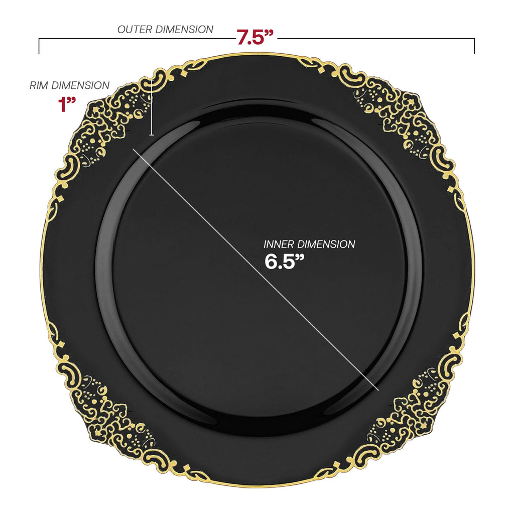 Black with Gold Fancy Round Disposable Plastic Salad Plates (7.5”)