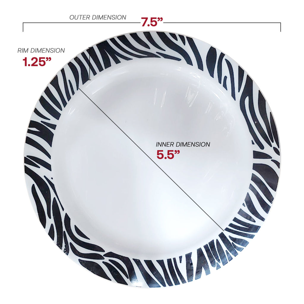 White with Black Zebra Design Round Disposable Plastic Appetizer/Salad Plates (7.5")