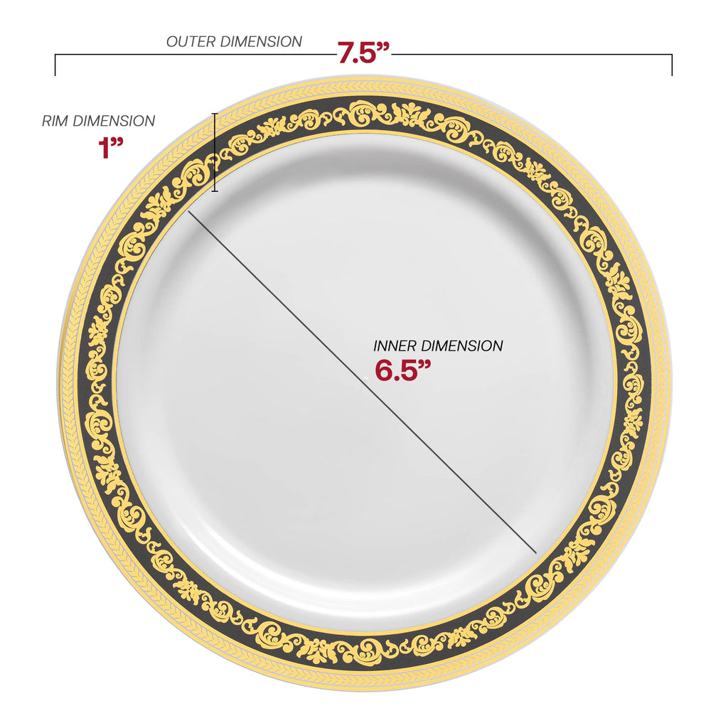 White with Black and Gold Royal Rim Plastic Appetizer/Salad Plates (7.5")