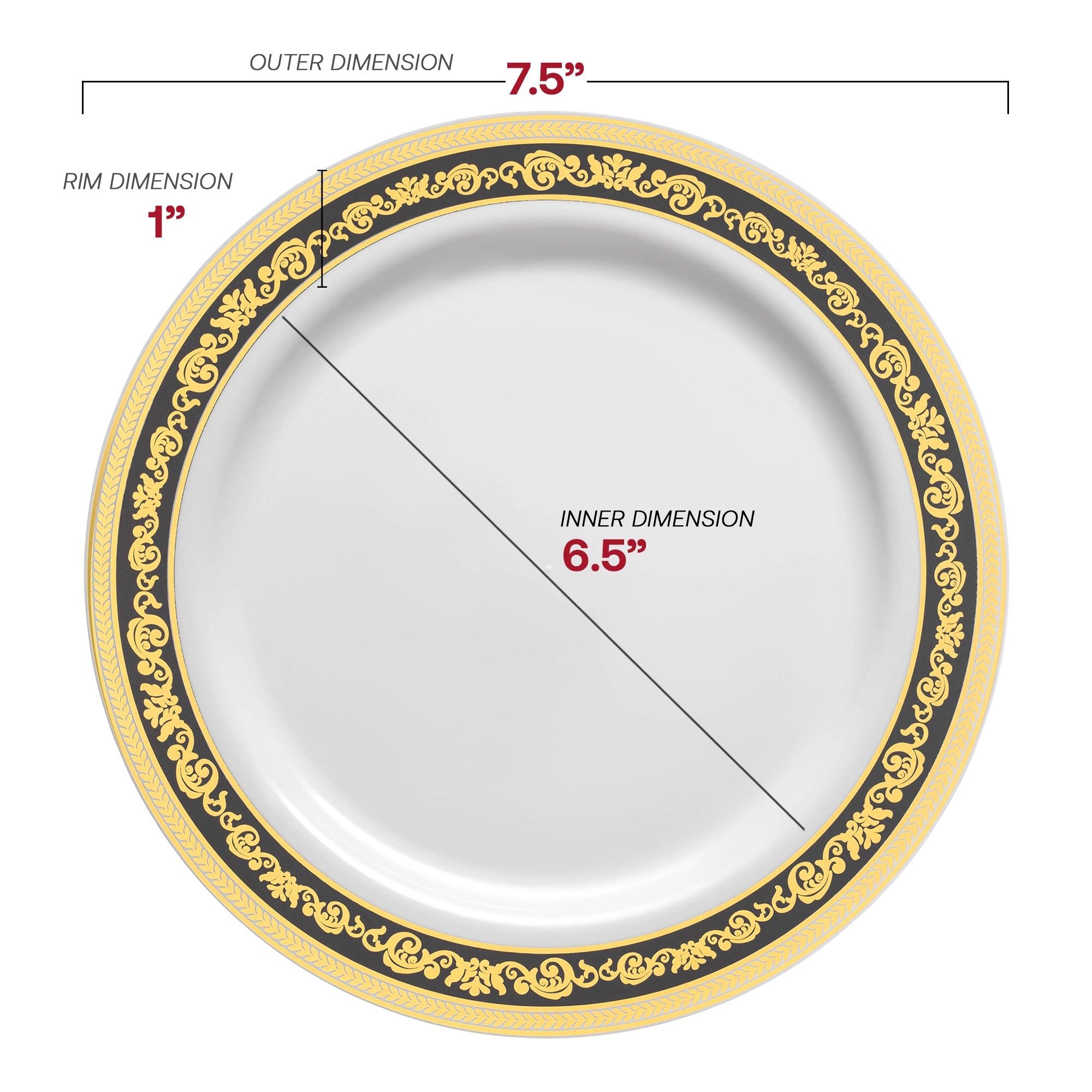 White with Black and Gold Royal Rim Plastic Appetizer/Salad Plates (7.5")