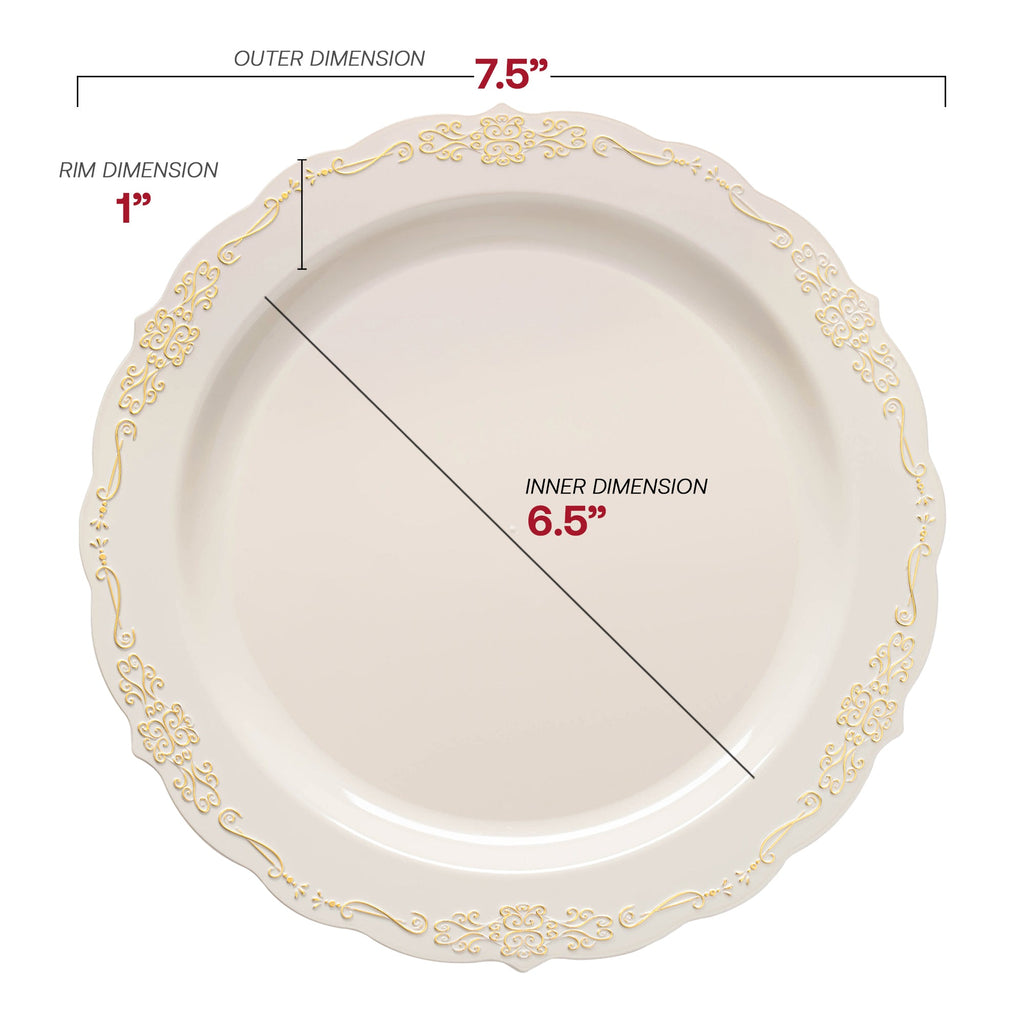 Ivory with Gold Vintage Rim Round Disposable Plastic Appetizer/Salad Plates (7.5")