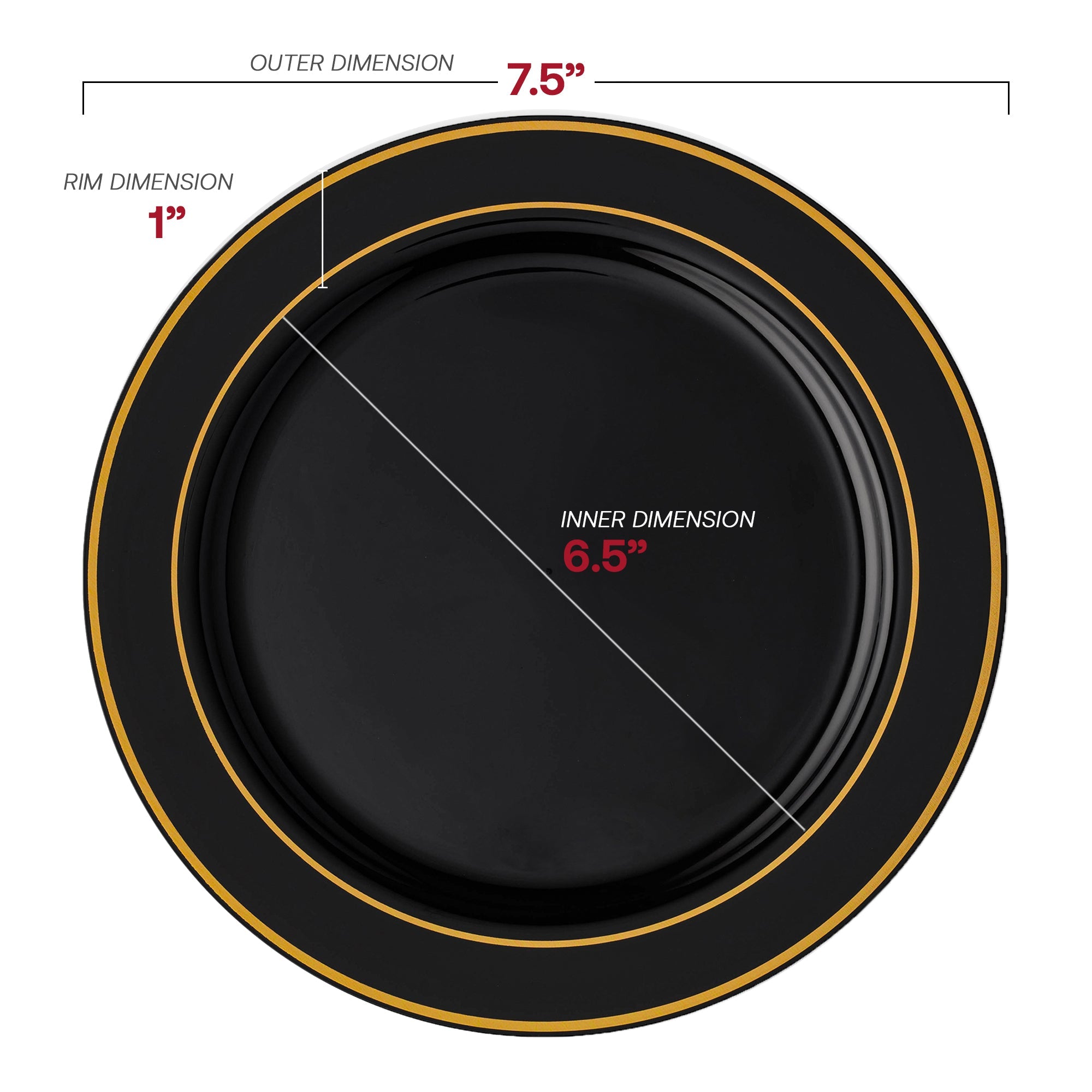 Black with Gold Edge Rim Plastic Appetizer/Salad Plates (7.5")