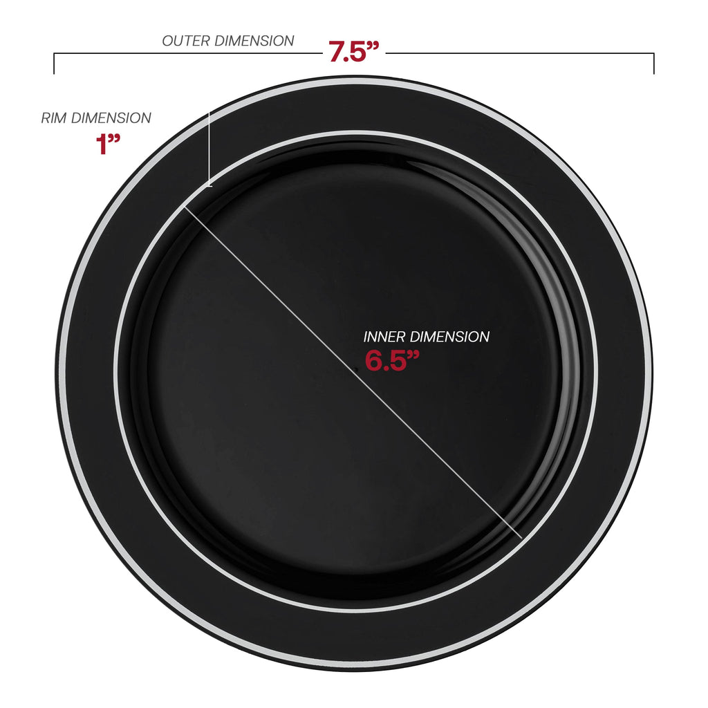 Black with Silver Edge Rim Plastic Appetizer/Salad Plates (7.5")