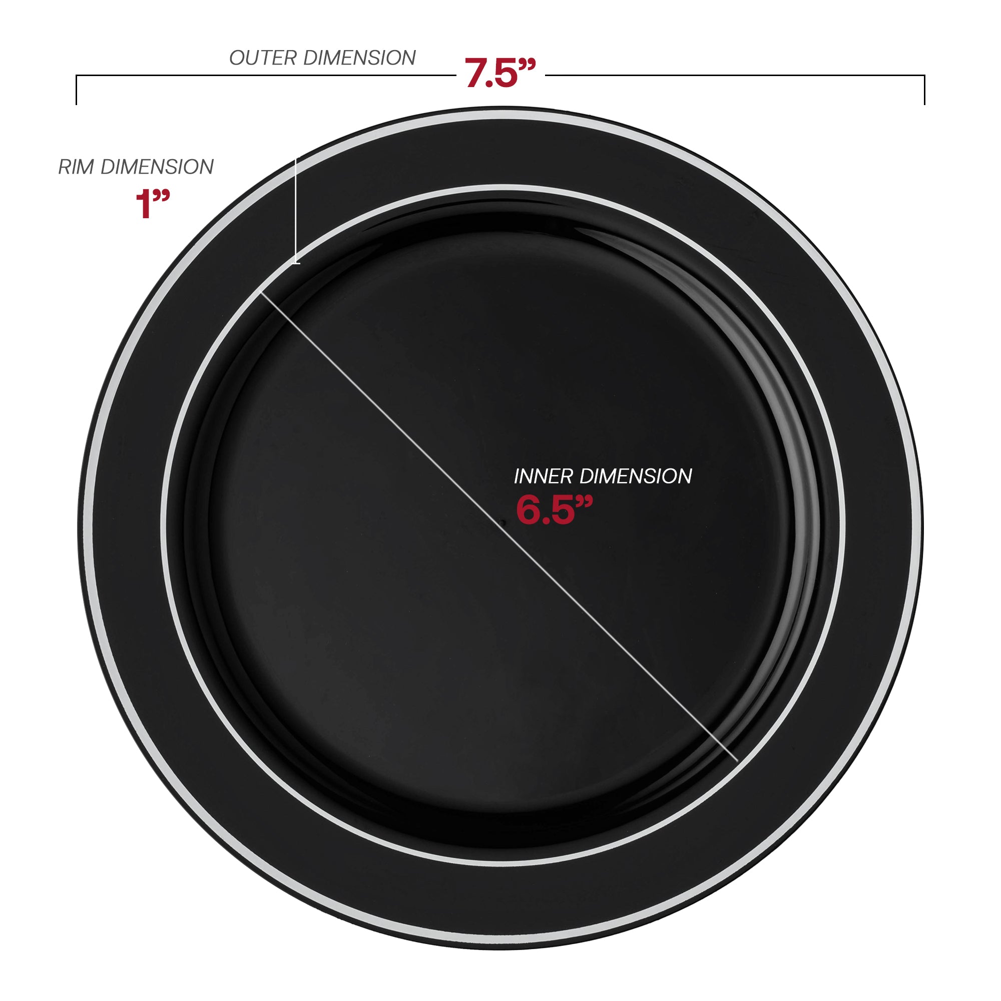 Black with Silver Edge Rim Plastic Appetizer/Salad Plates (7.5")