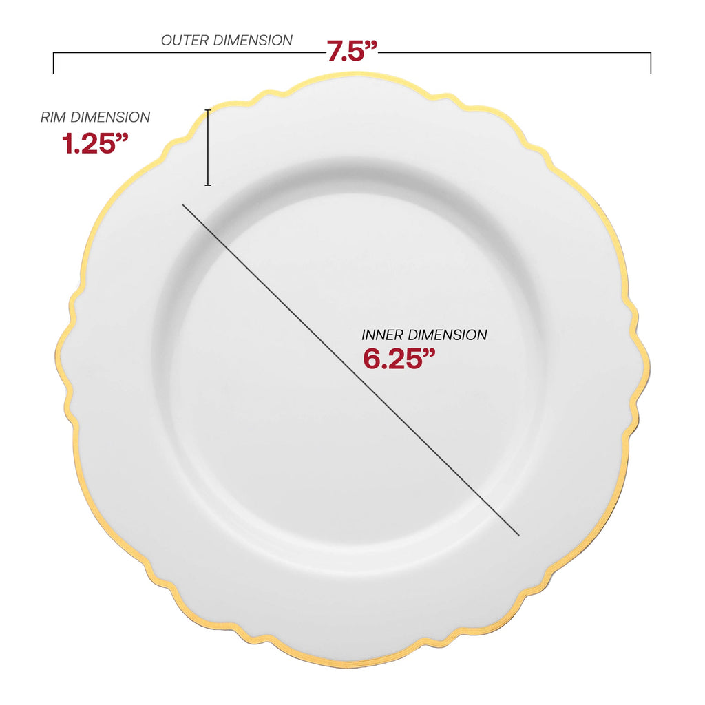 White with Gold Rim Round Blossom Disposable Plastic Appetizer/Salad Plates (7.5")