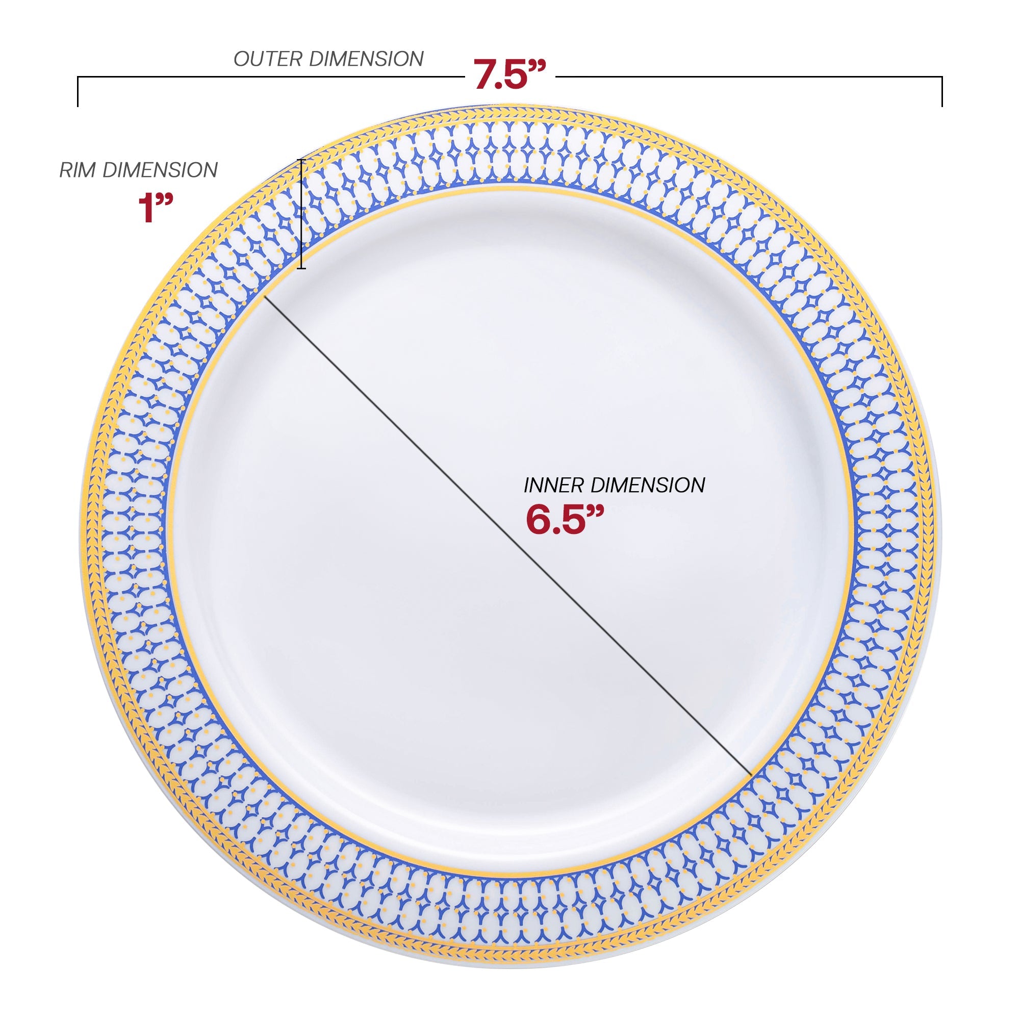 White with Blue and Gold Chord Rim Plastic Appetizer/Salad Plates (7.5")