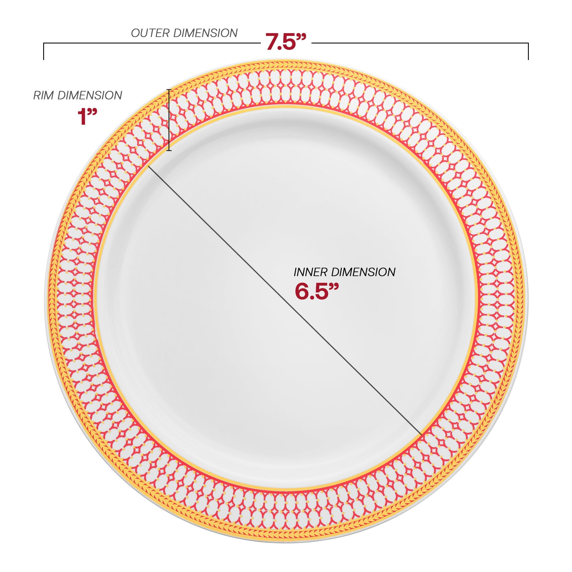 White with Red and Gold Chord Rim Plastic Appetizer/Salad Plates (7.5")