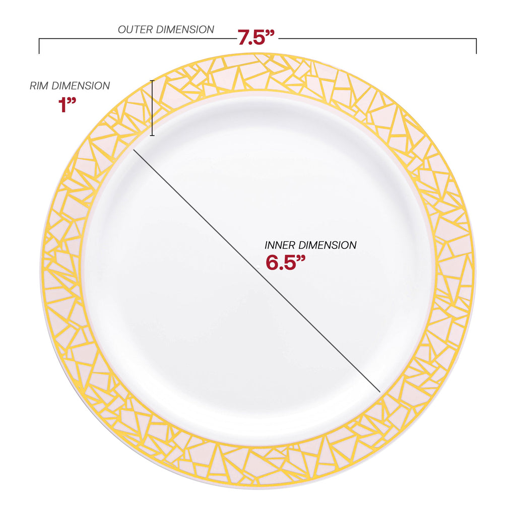 White with Pink and Gold Mosaic Rim Round Plastic Appetizer/Salad Plates (7.5")